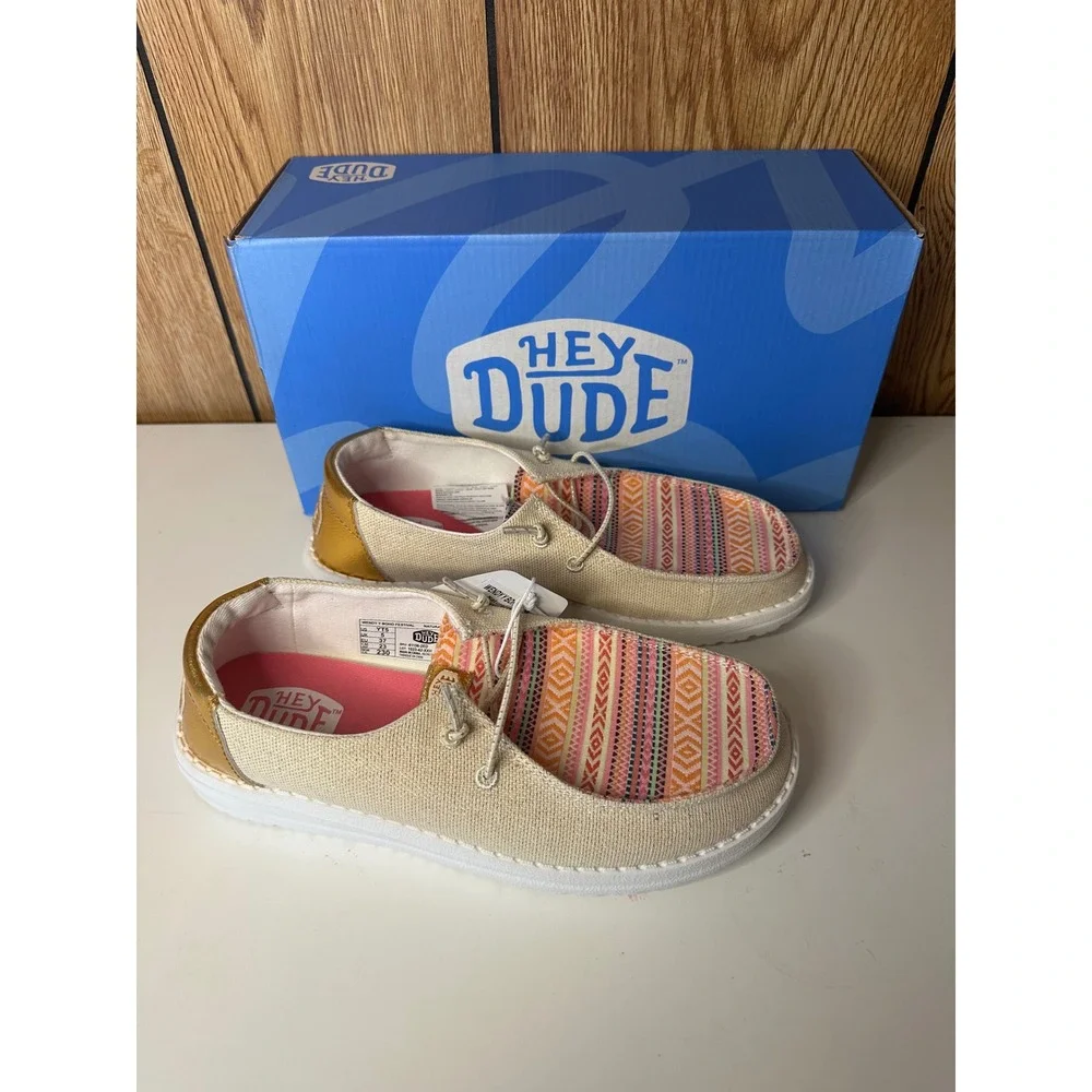 Hey Dude Wendy Boho Festival Natural Gold Geometric Slip On Shoes Kids Size 5